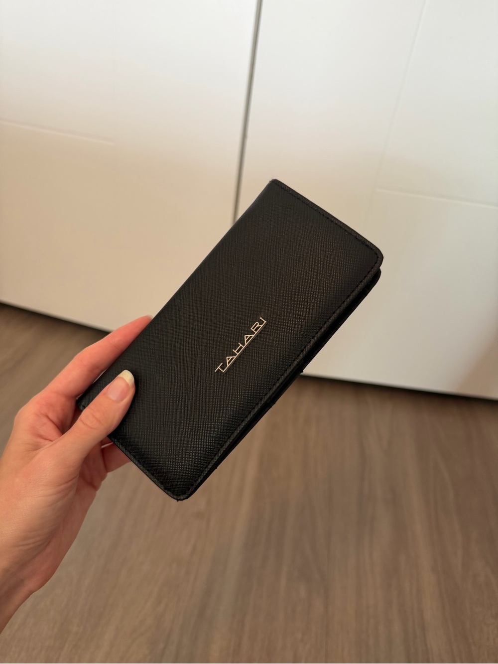 Tahari Black Saffiano Long Wallet with Silver Logo